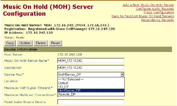 Paso 6: Coloque el servidor del moh en la agrupación de dispositivos del MoHServer_DP Seleccione el servicio > a los recursos del medio y seleccione el servidor del moh.