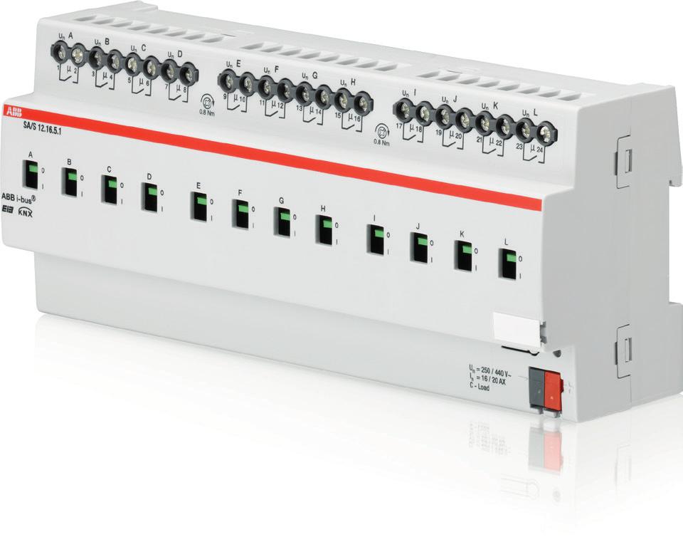 Datos técnicos 2CDC505083D0703 ABB i-bus KNX Descripción del producto Los actuadores de conmutación 16/20 A SA/S x.16.5.1 son aparatos para montaje en raíl DIN en un diseño ProM para montar en distribuidores.