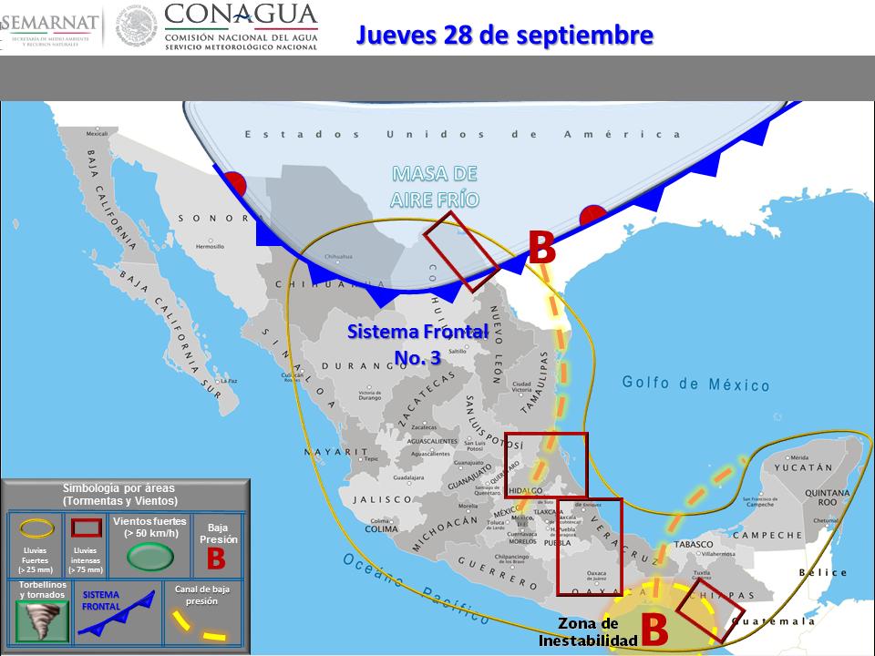 Viernes 29 de septiembre: Tormentas intensas a puntuales torrenciales (150 a 250 mm): Puebla y Veracruz.