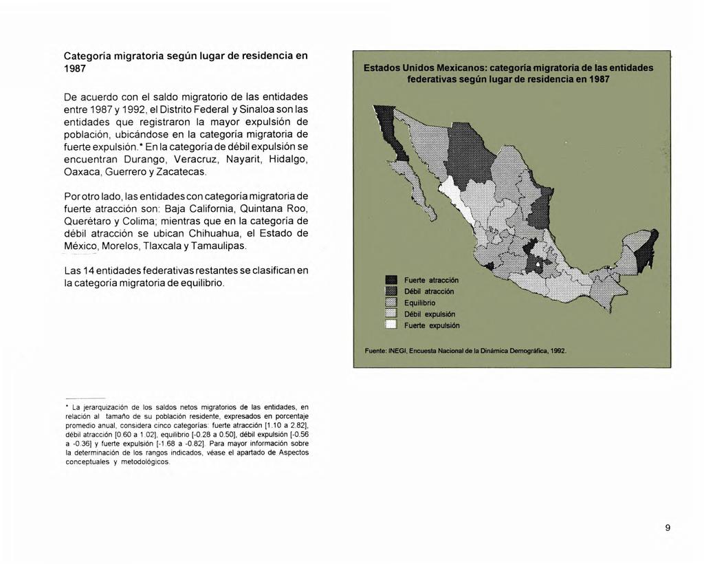 Categoría migratoria según lugar de residencia en 1987 De acuerdo con el saldo migratorio de las entidades entre 1987 y 1992, el Distrito Federal y Sinaloa son las entidades que registraron la mayor