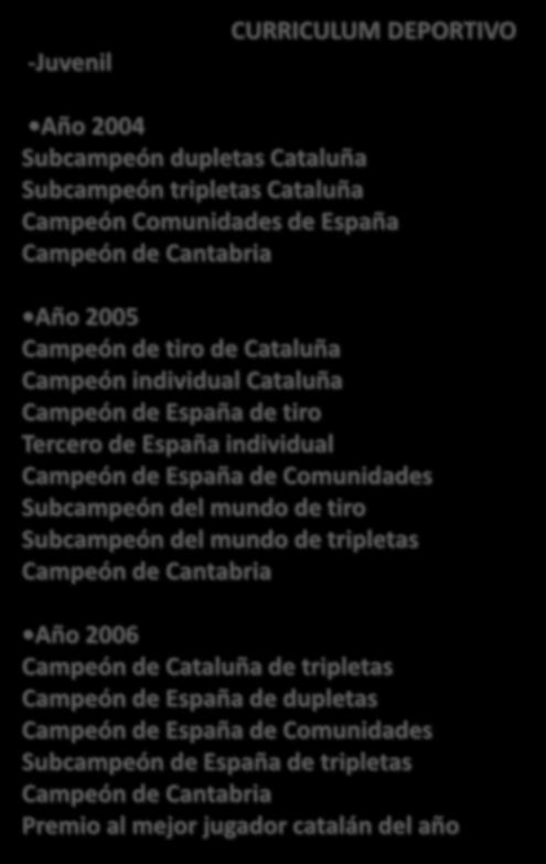 España de Comunidades Subcampeón del mundo de tiro Subcampeón del mundo de tripletas Campeón de Cantabria Año 2006 Campeón de Cataluña de