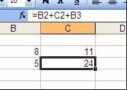 Para este ejercicio, escriba el signo más (+). El signo de operación aparecerá en la celda y en la barra de fórmulas. 9. Haga clic sobre la próxima celda que va a incluir en la fórmula: C2. 10.