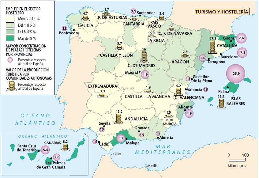 7. En el siguiente mapa se representa la distribución de las actividades turísticas y de hostelería en España. Después de analizarlo responde a las siguientes preguntas: a.