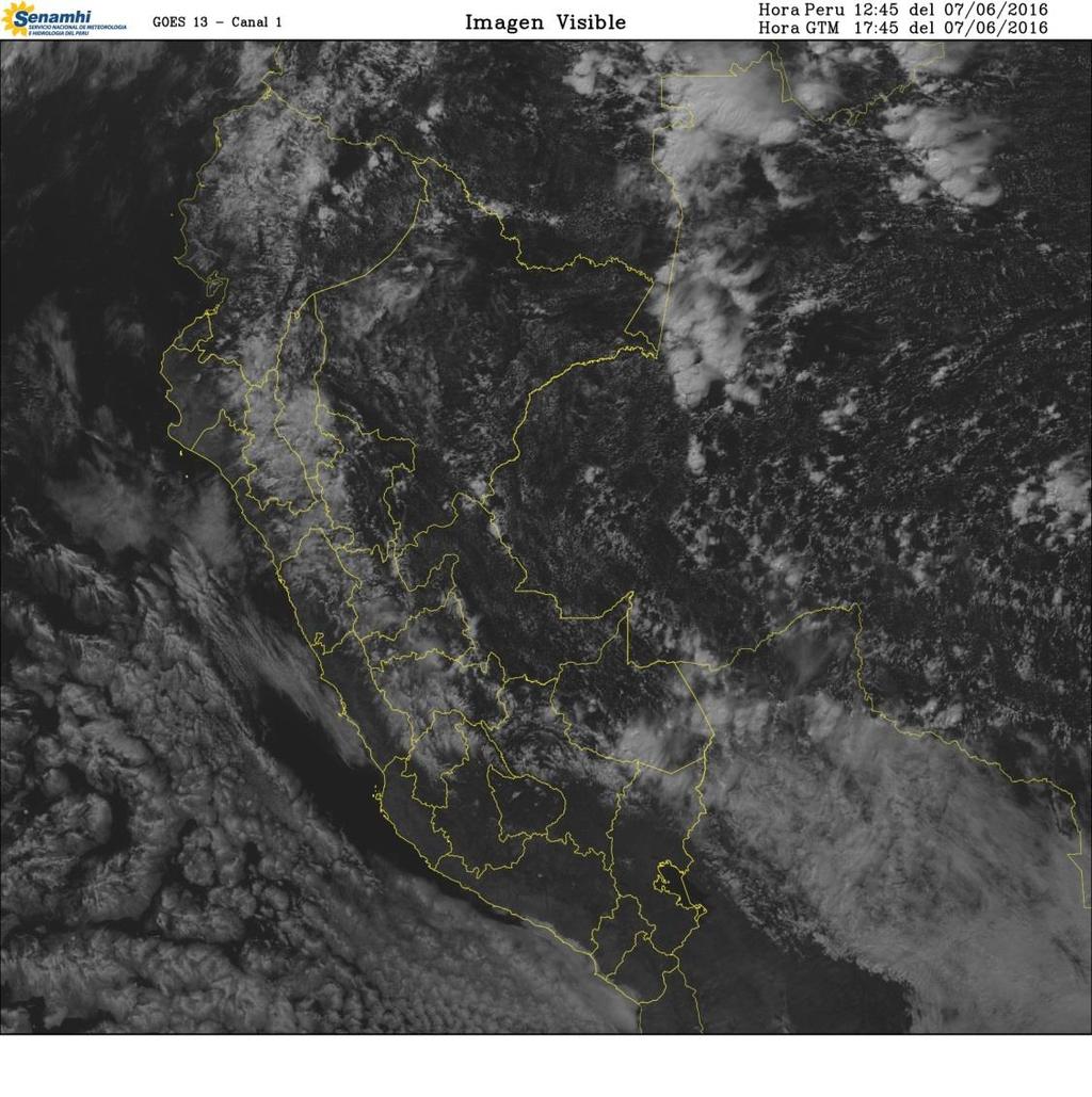 CONDICIONES DE TIEMPO PRESENTE - IMAGEN SATELITAL PERÚ Cobertura nubosa frente al litoral de Lima, donde además de los cielos cubiertos se presentaron neblinas y lloviznas ligeras en las primeras