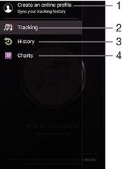 1 Ver las opciones de TrackID 2 Arrastre el borde izquierdo de la pantalla hacia la derecha para abrir el menú de la pantalla de inicio de TrackID 3 Identifique la música que está escuchando La