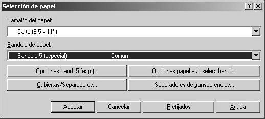 Operaciones de PC 7. Haga clic en el botón Selección de papel. 8. Si va a utilizar la bandeja 3 o la bandeja 4, seleccione Opciones papel autoselec. band. y elija el tipo de papel apropiado.