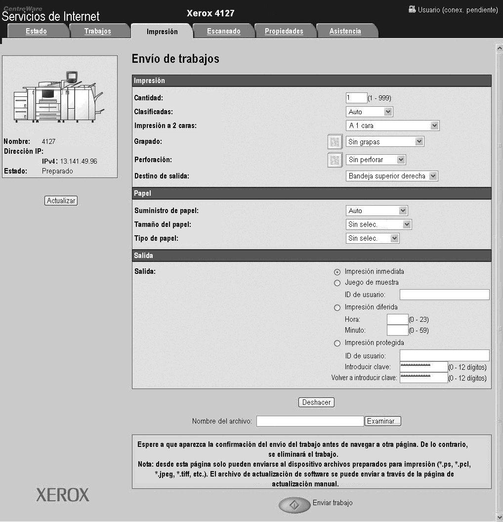 Operaciones de PC 3. En la pantalla de Servicios de Internet de CentreWare, seleccione la ficha Imprimir. 4.