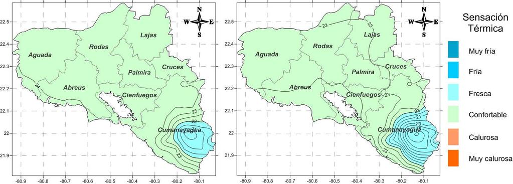 Sensaciones térmicas en la provincia Cienfuegos (Cuba) Figura 8. Sensación térmica del mes de julio a las 7:00 a.m. dadas por la TE (izquierda) y la TEE (derecha).