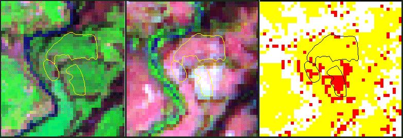 5:4:2), en el centro la imagen LISS de 1996 (RGB 5:4:2) y a la derecha la imagen de cambio.