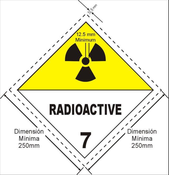 Material radioactivo, Clase 7, Rotulo Símbolo (trébol) en negro, fondo amarillo con borde blanco en la mitad superior, blanco en la inferior. Dimensiones: Se indican las dimensiones mínimas.