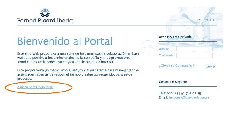 1. Registro de proveedor El proveedor se registrará en el Portal de Compras de PERNOD