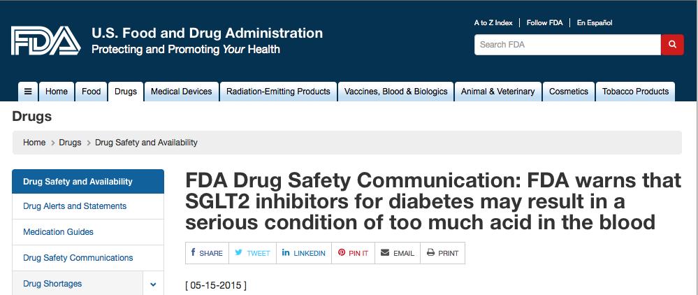 SGLT2 inhibitors and DKA A search of the FDA Adverse Event Reporting System (FAERS) database identified 20 cases of acidosis reported as diabetic ketoacidosis (DKA), ketoacidosis, or ketosis in