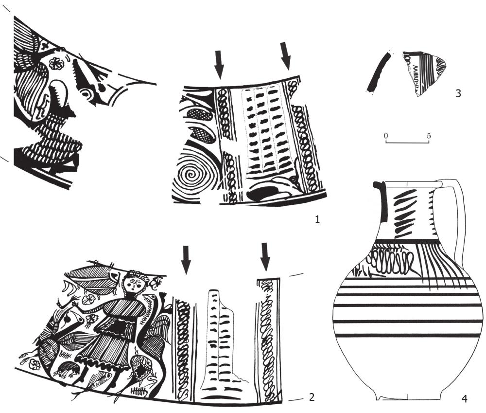 LA INSCRIPCIÓN LATINA PINTADA SOBRE CERÁMICA DE EL CASTELLAR (CREVILLENT, ALICANTE) 313 Figura 3: Cerámicas de los estilos I (1), I-II (2) y III (3) de La Alcudia con elementos decorativos