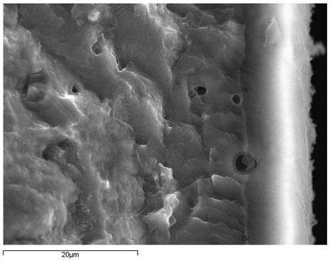La Figura 5 corresponde a la superficie de la probeta por donde se produce el avance de la grieta de fatiga. En esta imagen se aprecia claramente la capa de óxido de alúmina con un espesor de 10 μm.
