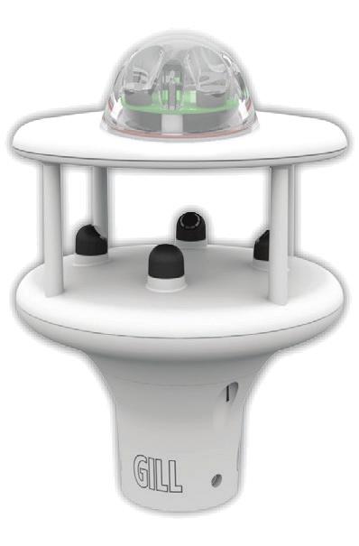 Viento GMX240. Un pluviómetro óptico integrado que detecta automáticamente el agua que golpea su superficie exterior y proporciona mediciones basadas en el tamaño y el número de gotas.
