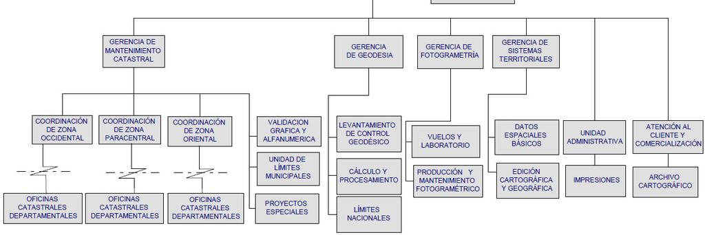 Gerencia de Mantenimiento Catastral: Conformado por el área de Validación gráfica y alfanumérica, Proyectos especiales, Limites Municipales y 13 Oficinas Departamentales a lo largo y ancho del País.