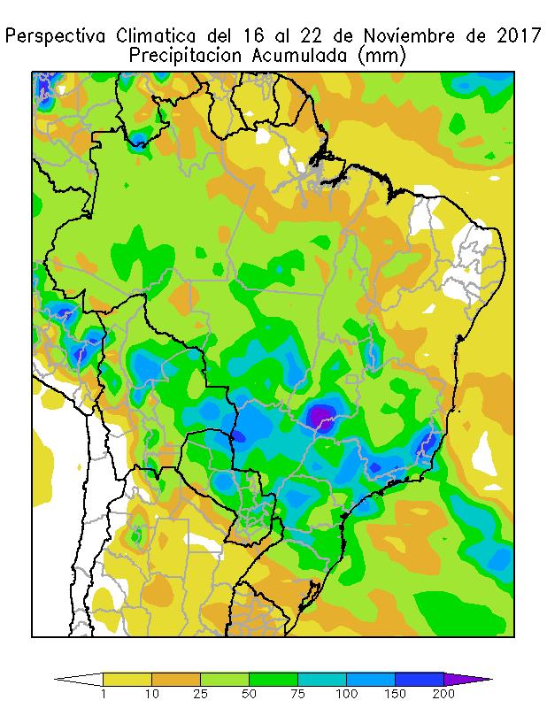 16 AL 22 DE NOVIEMBRE DEL 2017 BRASIL La perspectiva comenzará con precipitaciones generales que se extenderán sobre la norte y el centro del área agrícola brasileña con valores abundantes a muy