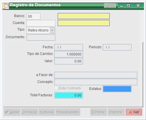 SICOFI BANCOS. Operación y Procesos Registro de Documentos > Retiro de Ahorro: Este proceso se utiliza para grabar Retiros de Ahorro de alguna de las cuentas bancarias.