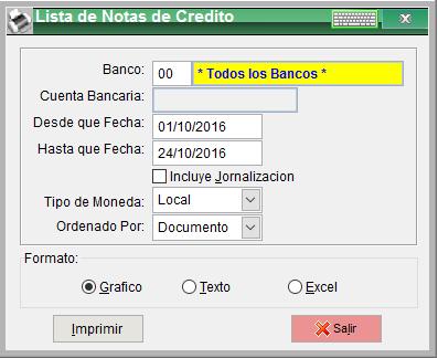 SICOFI BANCOS. Consultas y otros Reportes Reporte > Lista de Notas de Crédito: Esta opción le permite generar un reporte con la lista de notas de crédito grabadas.