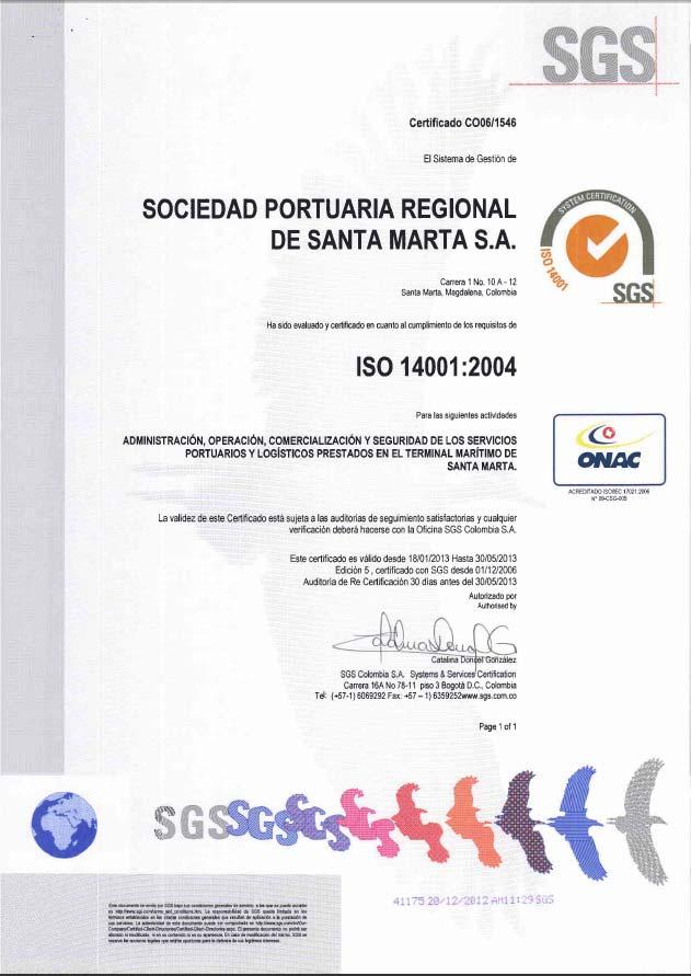 8.4 Certificaciones Certificado ISO 14001:2004