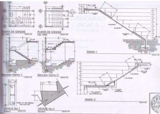 El plano de replanteo de la escalera debe contar con los siguientes dibujos; 1_ Una planta de la escalera acotada, numerada, indicando ámbito, ancho de huella, la longitud de cada tramo, del