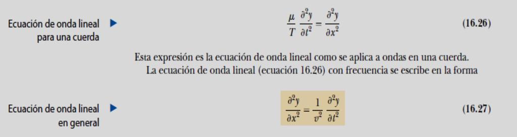 La ecuación de onda lineal Todas las funciones de onda y(x, t) representan soluciones de una ecuación llamada ecuación de onda lineal.