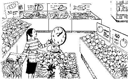 En el mercado Contesta según el dibujo. 1. Qué venden en el mercado? 2. A cuánto están las papas? 3. A cuánto están las manzanas? 4. Qué compra la señora?