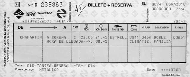El billete Look at the train ticket. El tren Answer the questions according to the information on the train ticket in Activity C. 1.
