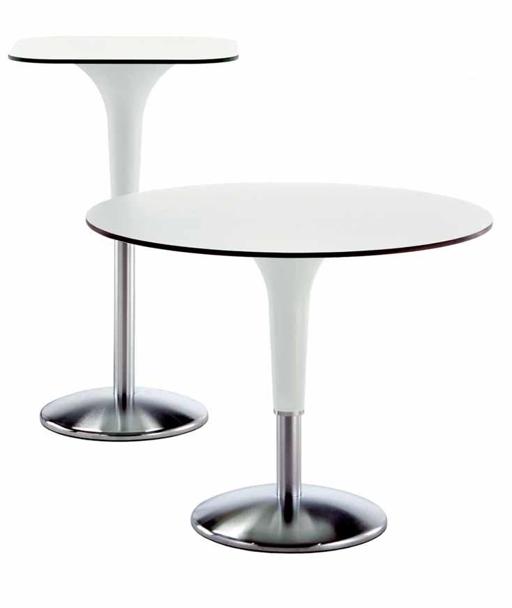 Different top size options in white, grey and red to match the engineering polymer cone. Leg and base in chromium plated steel, antiscratch stratified melamine top with crafted edge.