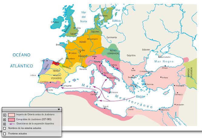 4.1 Justiniano expande el Imperio Bizantino La mayor extensión del Imperio Bizantino llegó con Justiniano hacia el año 550, quien tomó