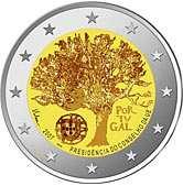 Portugal 13 de 33 Motivo conmemorativo: presidencia portuguesa de la Unión Europea. Descripción: en el centro de la moneda figura una encina (Quercus suber).