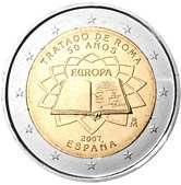 Vilar), el año de emisión (2007), la marca de la Fábrica de la Moneda (INCM) y la leyenda «PRESIDÊNCIA DO CONSELHO DA UE» forman una semicircunferencia en la parte inferior del centro de la moneda.