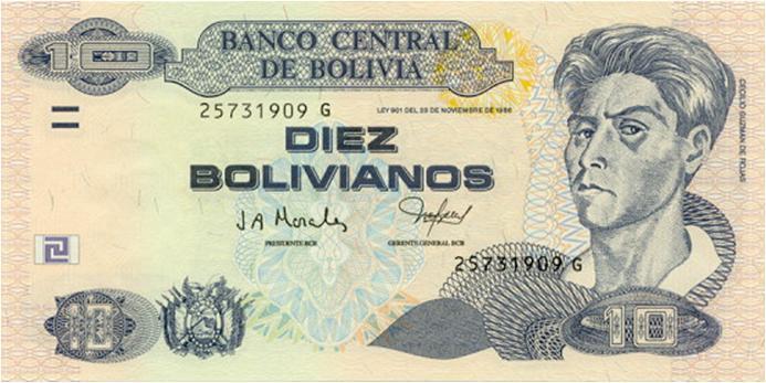 El billete de diez bolivianos ostenta en su anverso un autorretrato del pintor Cecilio Guzmán de Rojas (1900 1950), quien nació en la ciudad de Potosí y es considerado iniciador de una corriente