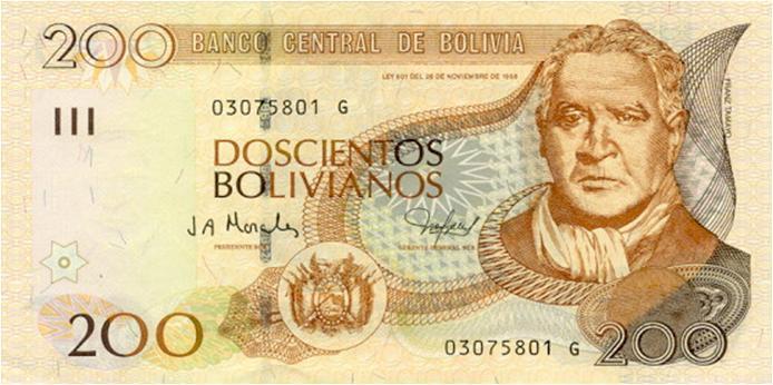 El billete de corte de 200 Bolivianos, en el que aparece la efigie del gran escritor, poeta y ganador de las elecciones presidenciales de 1934, Don Franz Tamayo.