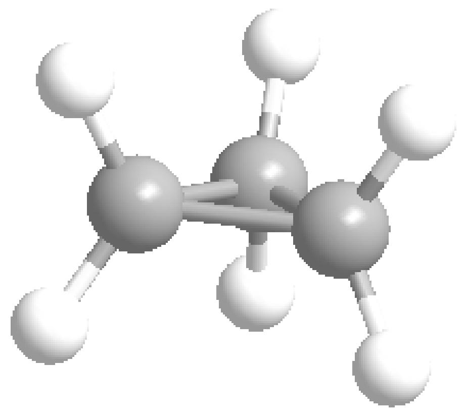 Representaciones de la molécula de ciclopropano 2 2 2 1) El ciclopropano es plano. 2) Su tensión angular es muy elevada (49º).