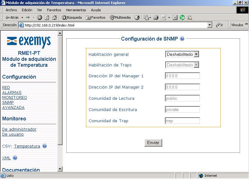 Figura 23 Configuración de SNMP IMPORTANTE: Las claves de las comunidades pueden ser de hasta 15 caracteres de largo. 4.3.2 MIB El archivo MIB (Management Information Base) describe el conjunto de objetos o parámetros del RME1-PT administrados bajo el protocolo SNMP.