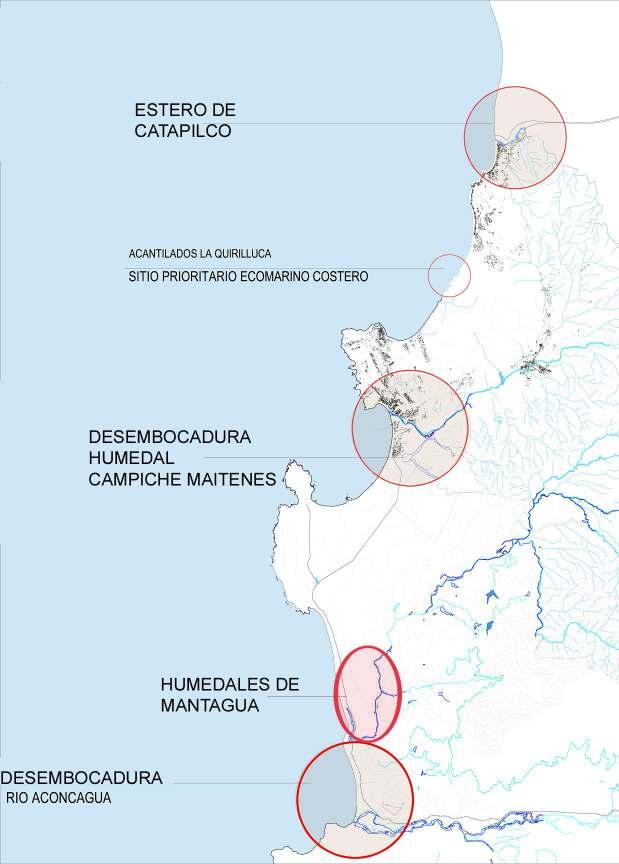 La Quinta Región posee en su litoral un corredor biológico formado [de sur a norte] por varios humedales costeros.