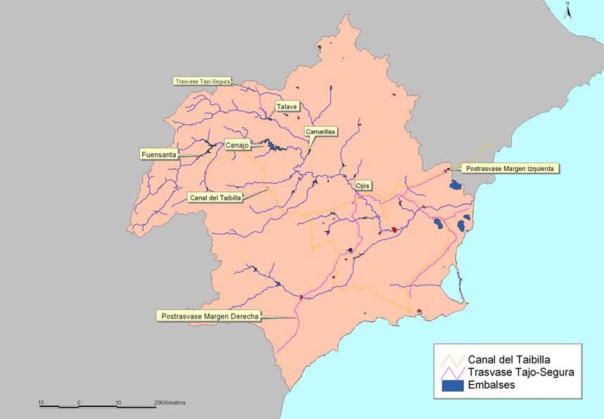 Figura 100: Principales infraestructuras hidráulicas en la Demarcación Los servicios de captación y transporte de aguas superficiales en alta en la Demarcación son prestados por la Confederación