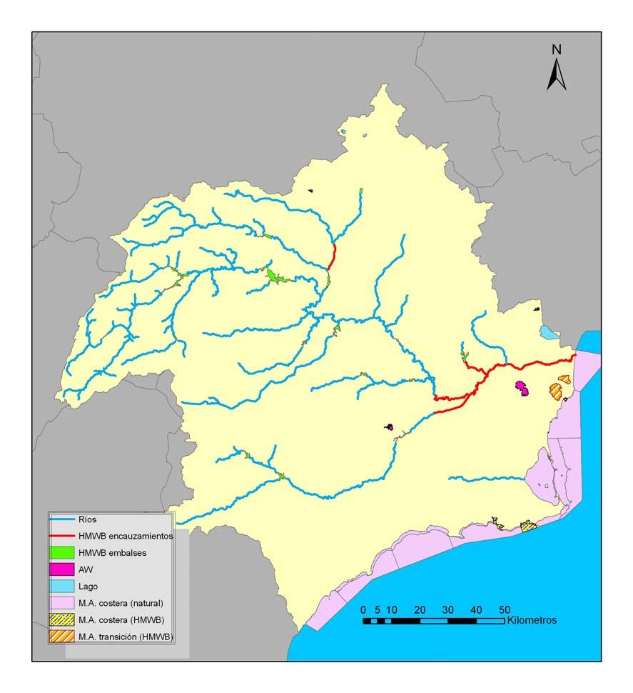 Figura 34: Categorías de masas de agua superficial. La longitud total de las masas de agua superficial tipo río en la Demarcación del Segura se establece en 1538 Km., de los cuales 270 Km.