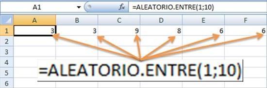 Figura 8. Uso de la función ALEATORIO.ENTRE(1;10) En el ejemplo, se puede observar la generación de 6 valores numéricos enteros. La función ALEATORIO.
