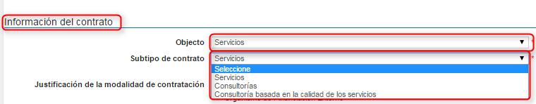 Servicios: Si la elección es Servicios aparecerá un Subtipo de Contrato, deberá seleccionar una de estas opciones: Servicios Consultorías Consultorías basada en la calidad de los servicio Imagen 13.