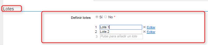 Si se selecciona la opción SI deberá definir la cantidad y nombres de los lotes. Imagen 32. Lotes con respuesta SI Bloque 6.