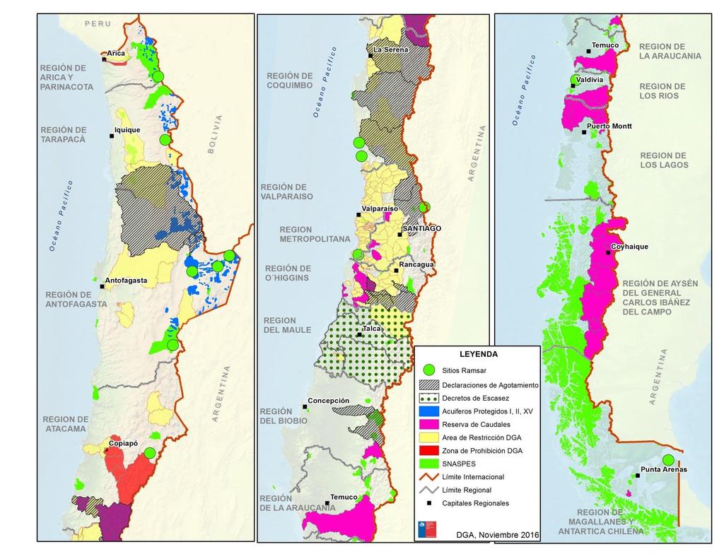 Limitaciones a la explotación del agua en Chile, visión global Leyenda: Sitios RAMSAR= Convención