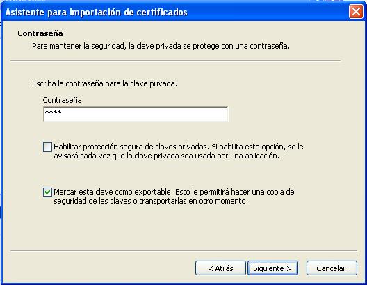 A continuación aparecerá una ventana solicitando la contraseña del certificado así como si desea permitir la exportación del certificado y que se le avise cada vez que se hace uso de este