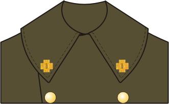 - En los uniformes de cuatro botones, doble botonadura y capote los escudos metálicos se colocarán en forma vertical a 90 con la