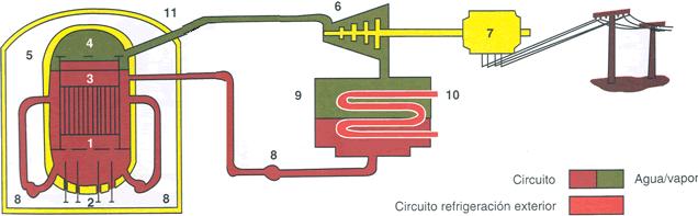 TIPOS DE REACTORES Reactor de Agua Hirviente (BWR) Sólo existe un circuito El agua en contacto con el reactor tiene que hervir Esta contaminada con trazas