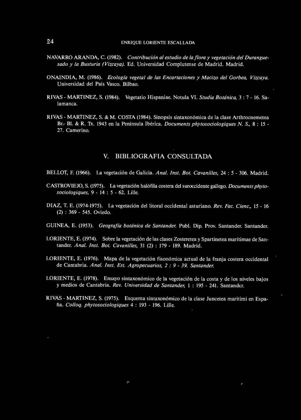 (1984). lamanca. RIVAS - MARTINEZ, S. & M. COSTA (1984). Sinopsis sintaxonómica de la clase Arthrocnemetea Br.- 81. & R. Tx. 1943 en la Península Ibérica. Documents phytosociologiques N. S., 8 : 15-27.