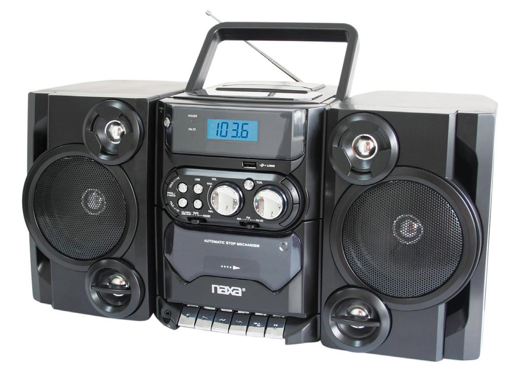 Componente de Audio Reproductor de Disco Compacto CD/MP3, Puerto USB, Radio AM/FM Estereo, Reproductor/ Grabador de Casete, Bocinas Removibles