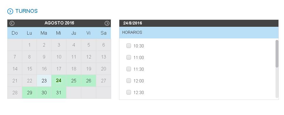 PASO 5 El sistema mostrará en pantalla el calendario para solicitar turno, resaltando los días disponibles. Seleccionando una fecha podrás ver los horarios para ese día y los dos subsiguientes.