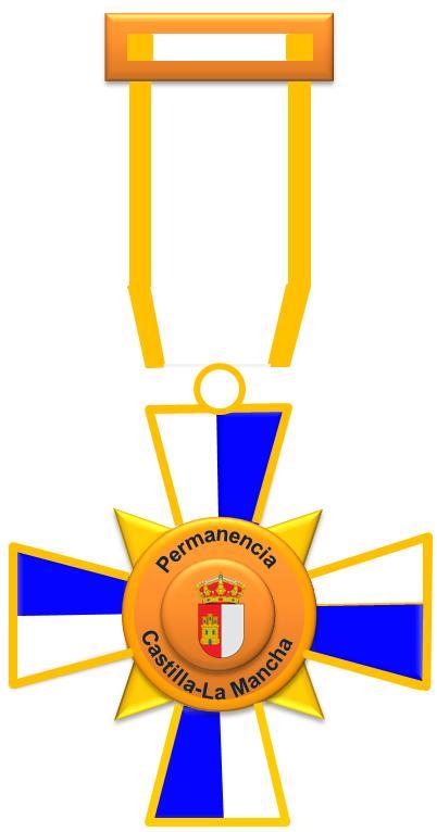 c) Medallas a la Permanencia 1. Descripción de la medalla a la Permanencia en categoría oro: Cruz de cuatro brazos ensanchada hacia su exterior de colores blanco y azul cobalto, con ribete dorado.